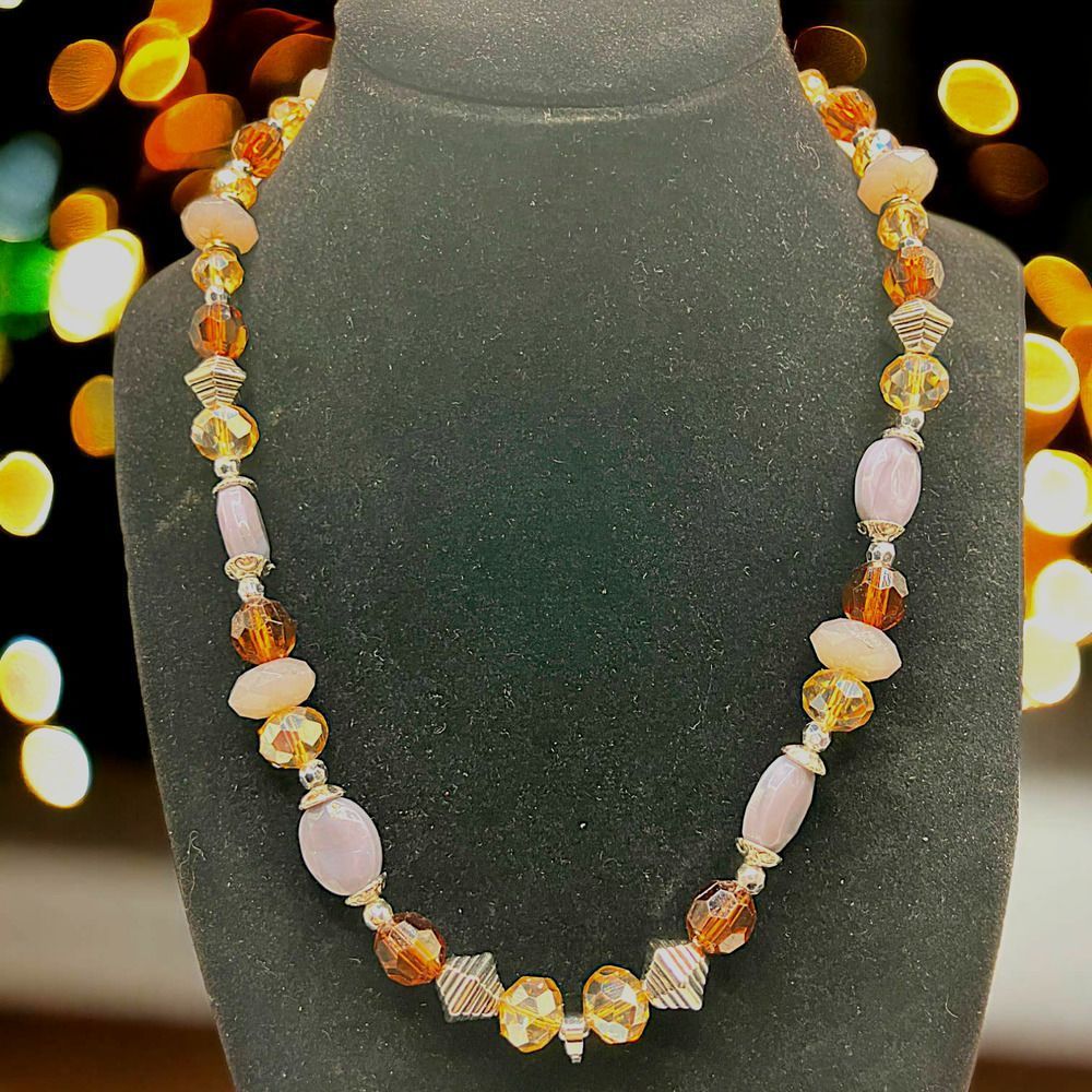 Lavender Beads, Bronze & Clear Crystals Necklace!